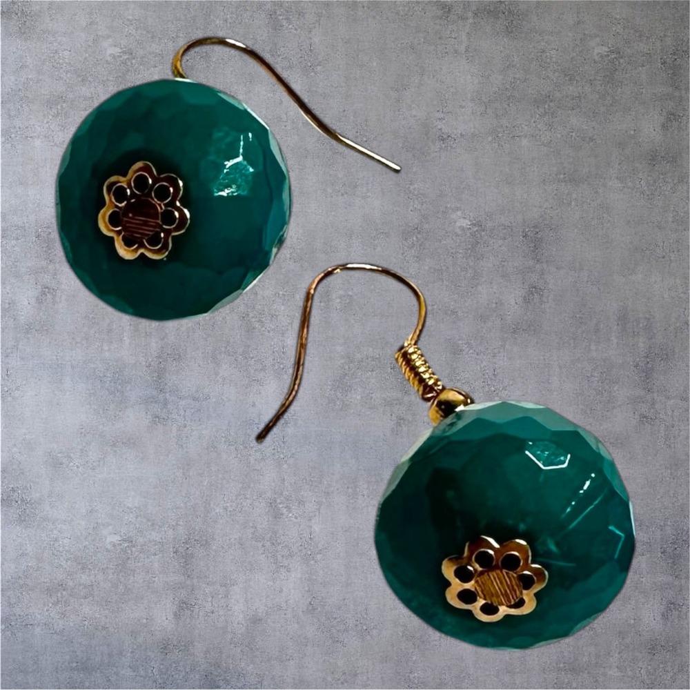 Teal Faceted Acrylic Bead Drop Earrings Gold Tone Dangle‎ Lightweight